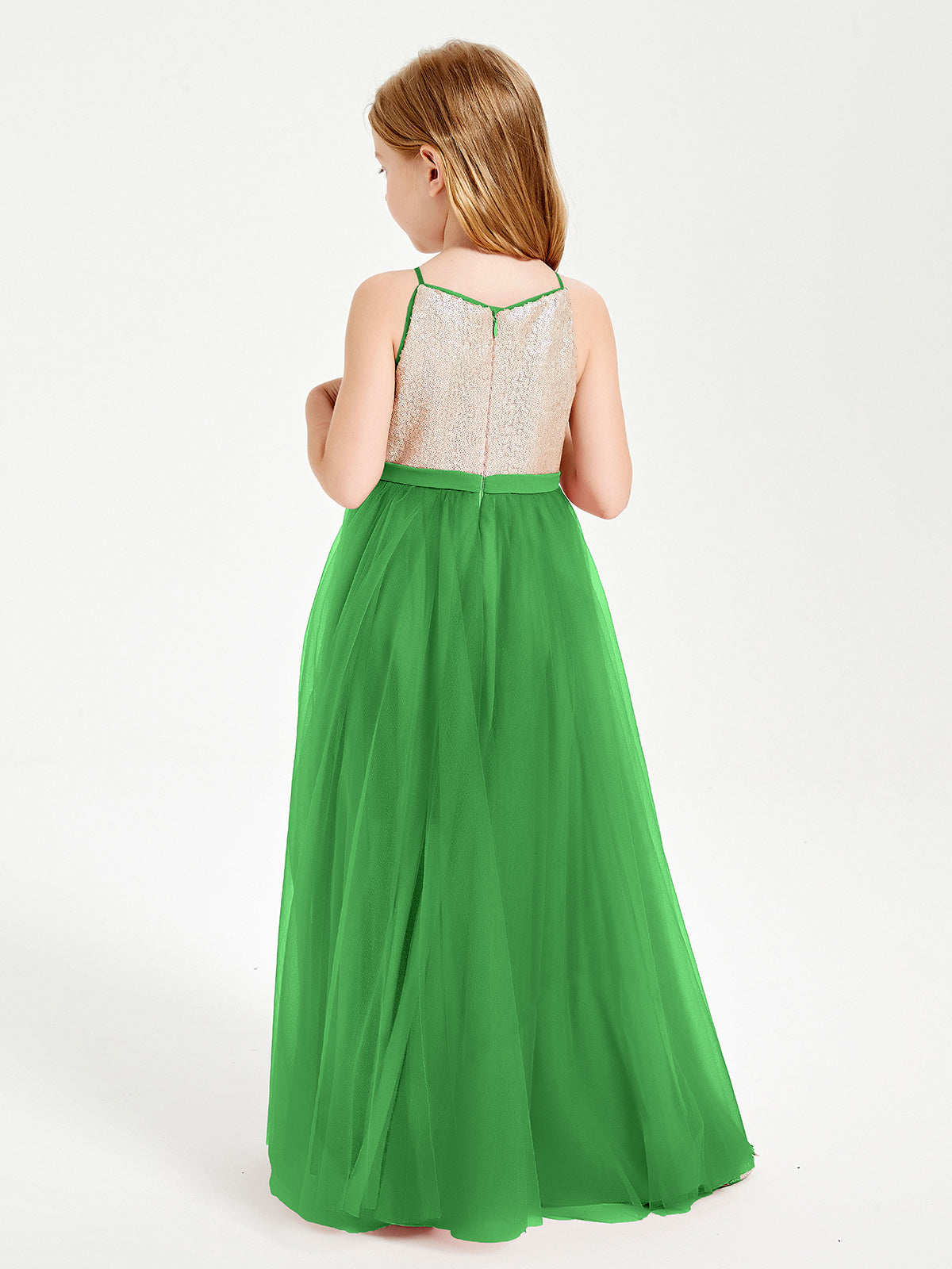 Sequined Top Long Tulle Junior Bridesmaid Gown Green